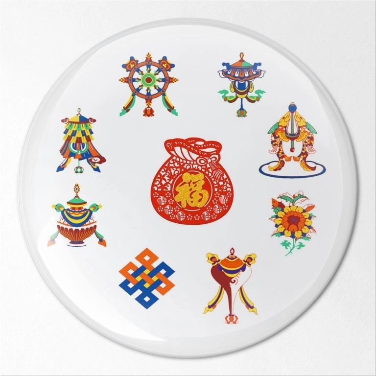 Abtibild sticker feng shui 3d cu cele 8 simboluri tibetane si sacul abundentei - 45cm - 2 | YEO