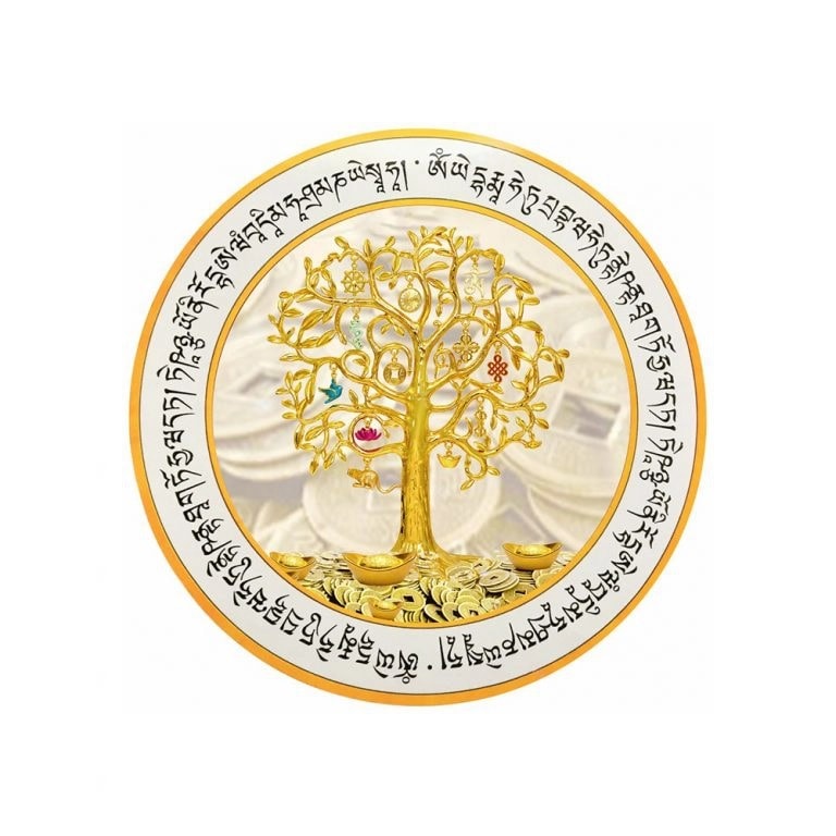 Abtibild sticker feng shui cu copacul prosperitatii monede chinezesti pepite mantre si cele 8 simboluri tibetane - 5cm