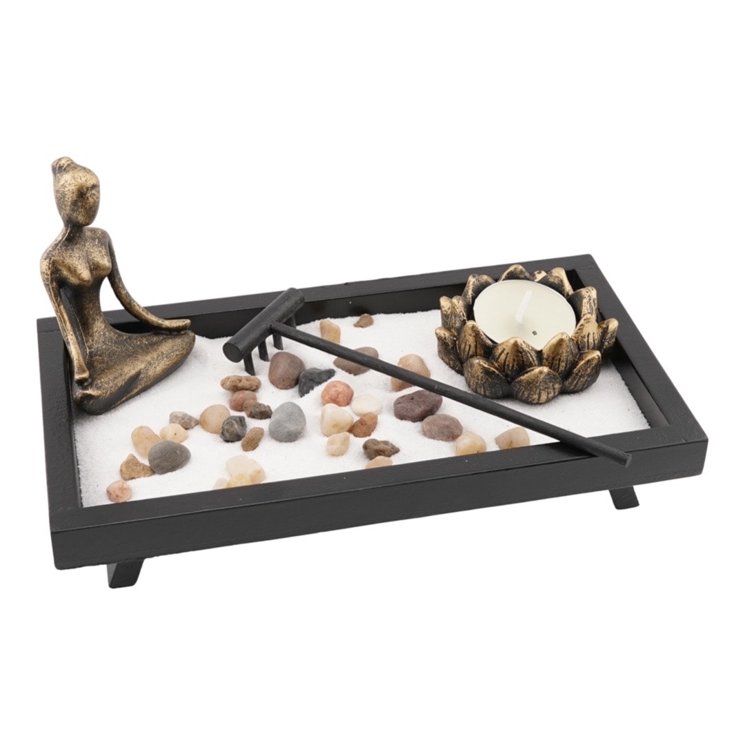 Decoratiune gradina zen in miniatura suport dreptunghiular cu statueta in mediatie lumanare betisoare parfumate si accesorii - 1 | YEO