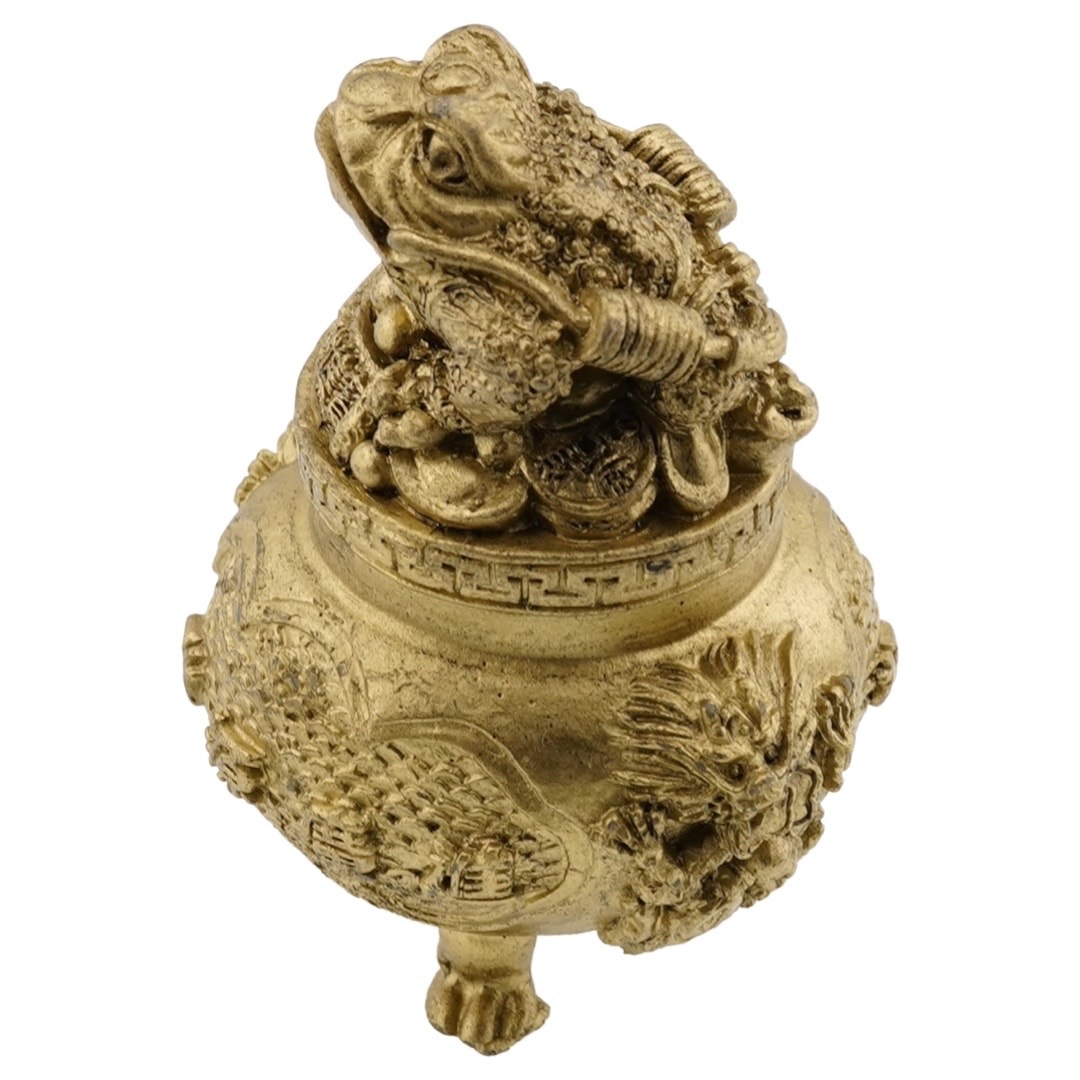 Statueta feng shui din rasina cu vasul prosperitatii cu broasca raioasa si monede 8cm