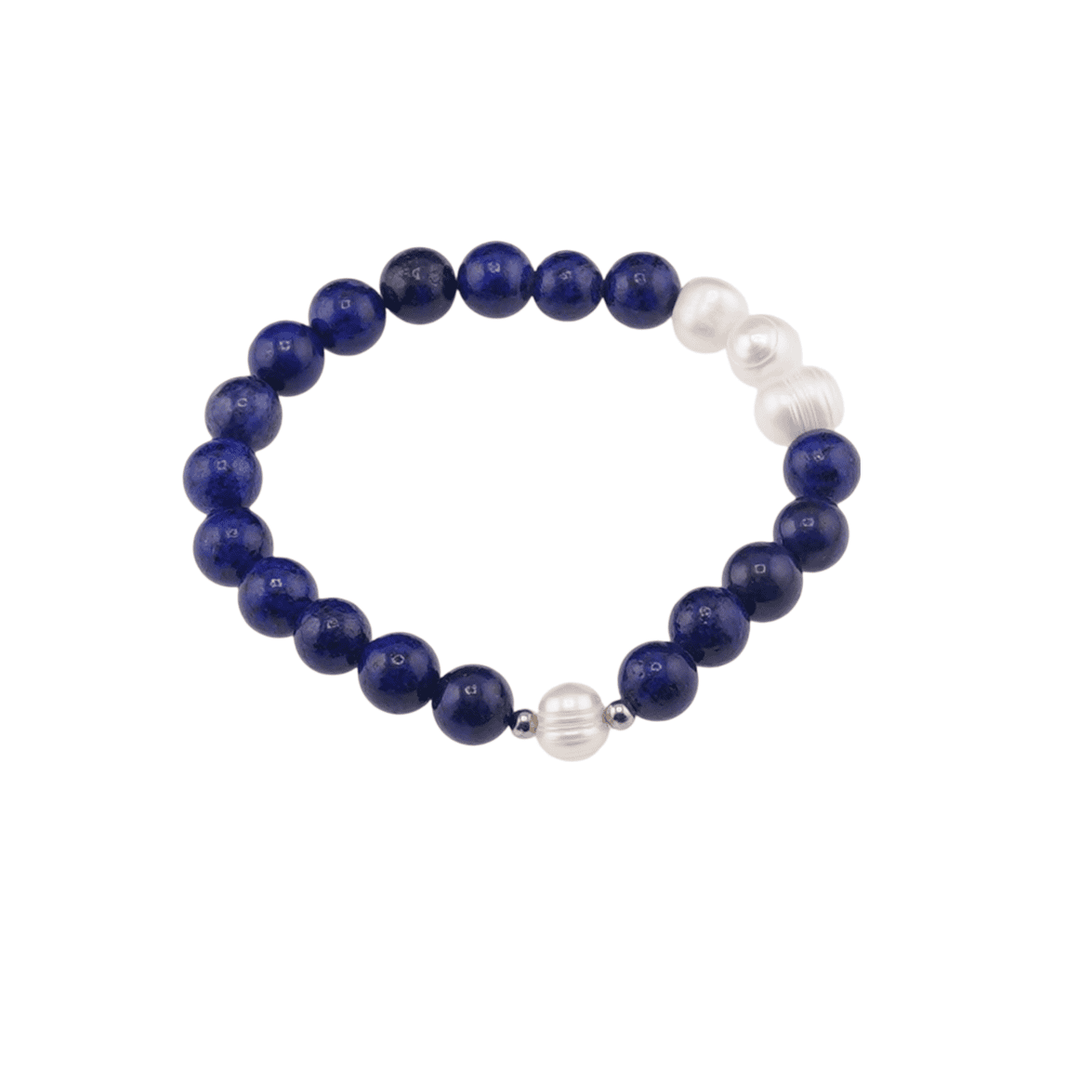 Bratara lapis lazuli si perle de cultura sfere cu elemente argintii pe elastic 8mm