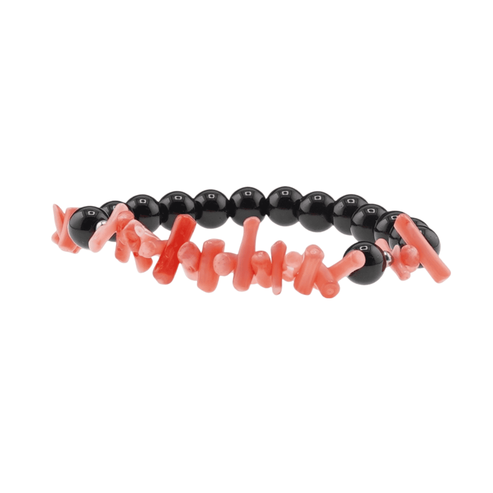 Bratara obsidian negru sfere 8mm si coral roz freeform 6-15mm cu elemente argintii pe elastic - 2 | YEO