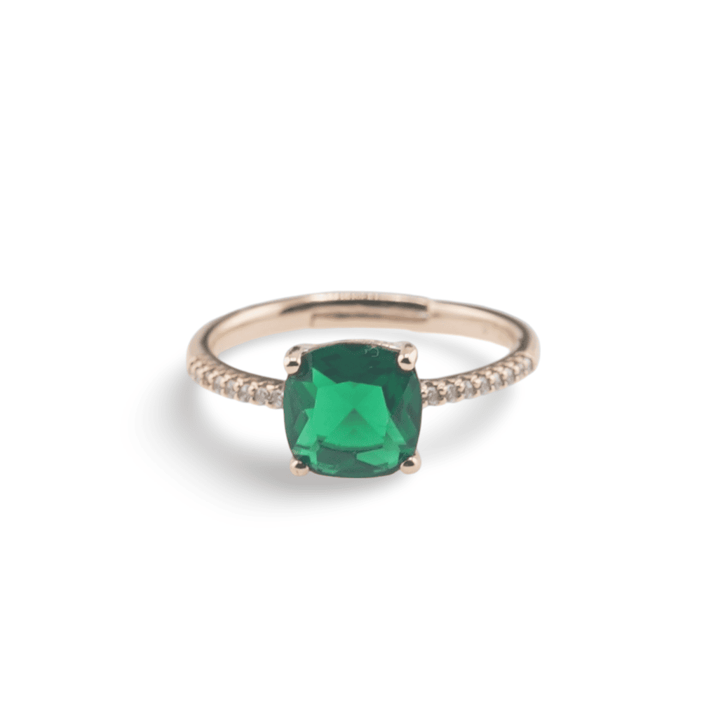 Inel reglabil cupru placat cu aur roz 14k model clasic cu zirconiu verde