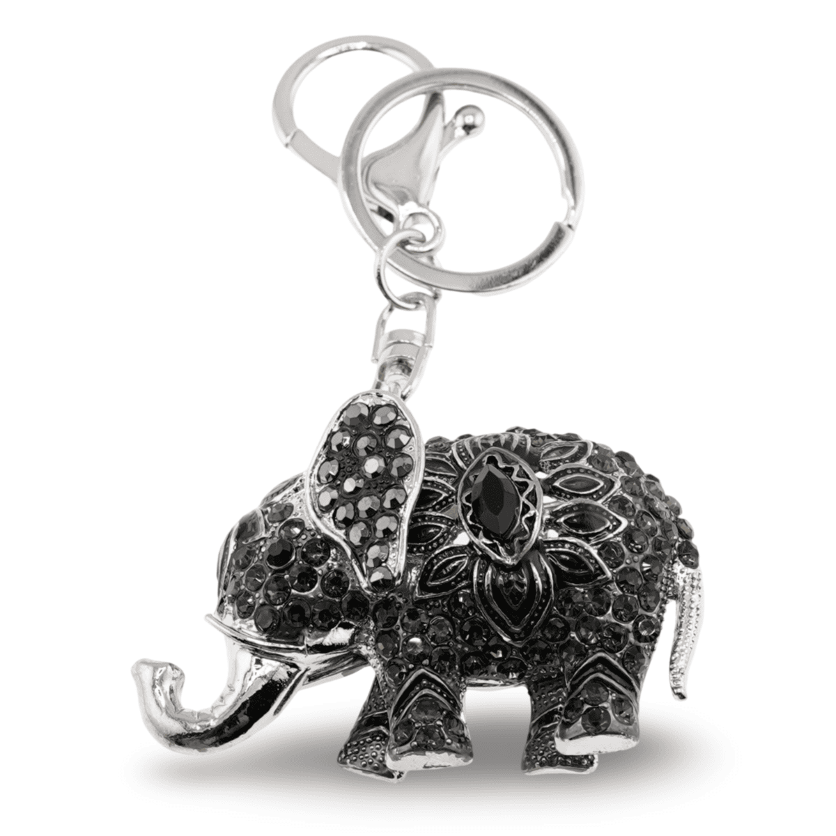 Breloc elefant cu floare si zirconii negru - 10cm