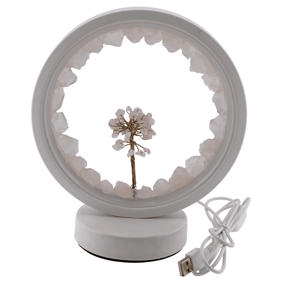 Lampa rotunda decorativa cu cristale naturale cuart roz usb