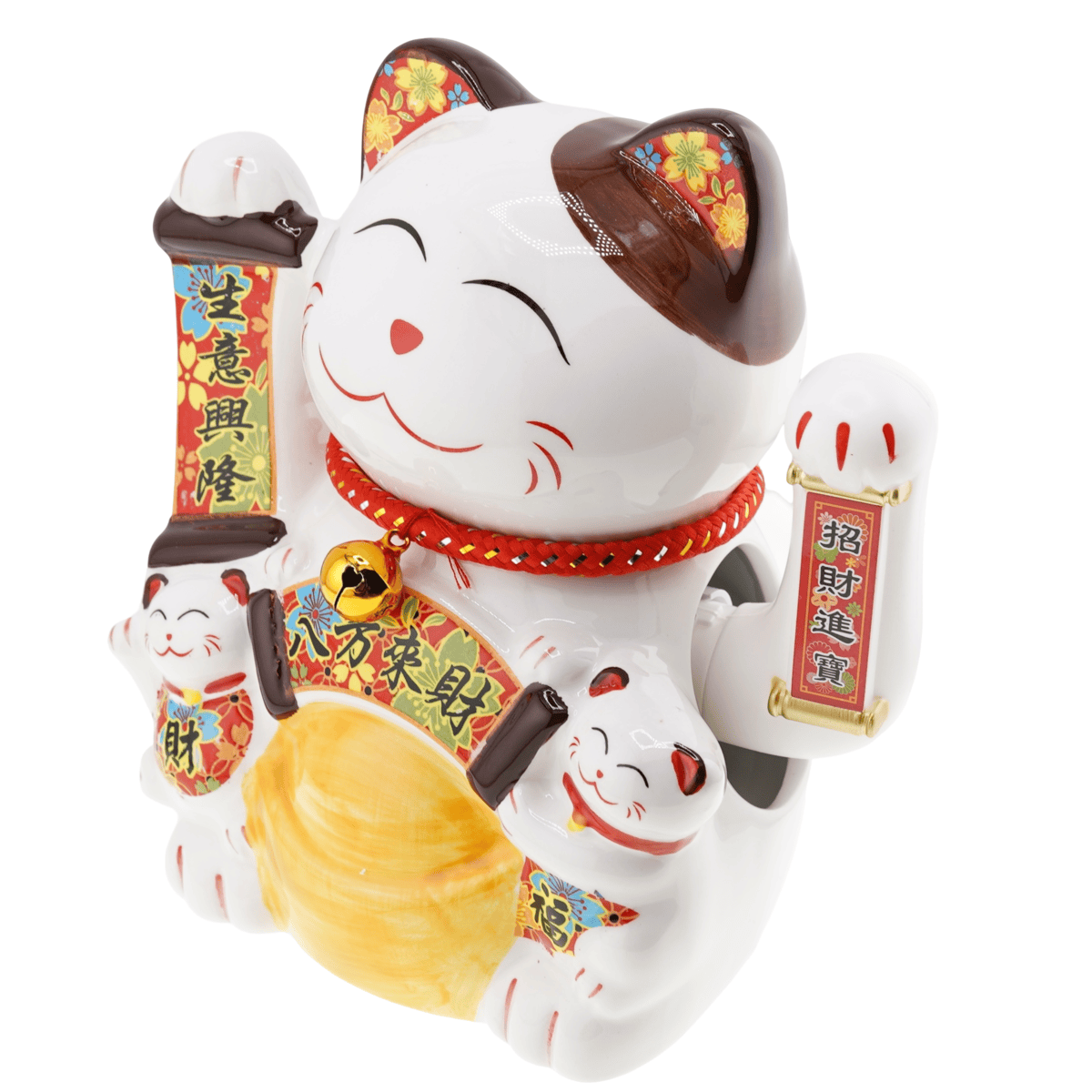 Pisica norocoasa maneki neko alba din ceramica pe perna cu doi pui si pepita - 18cm - 2 | YEO