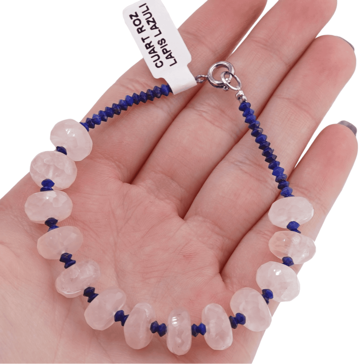 Bratara cuart roz discuri fatetate 10mm si lapis lazuli discuri 3mm - 3 | YEO