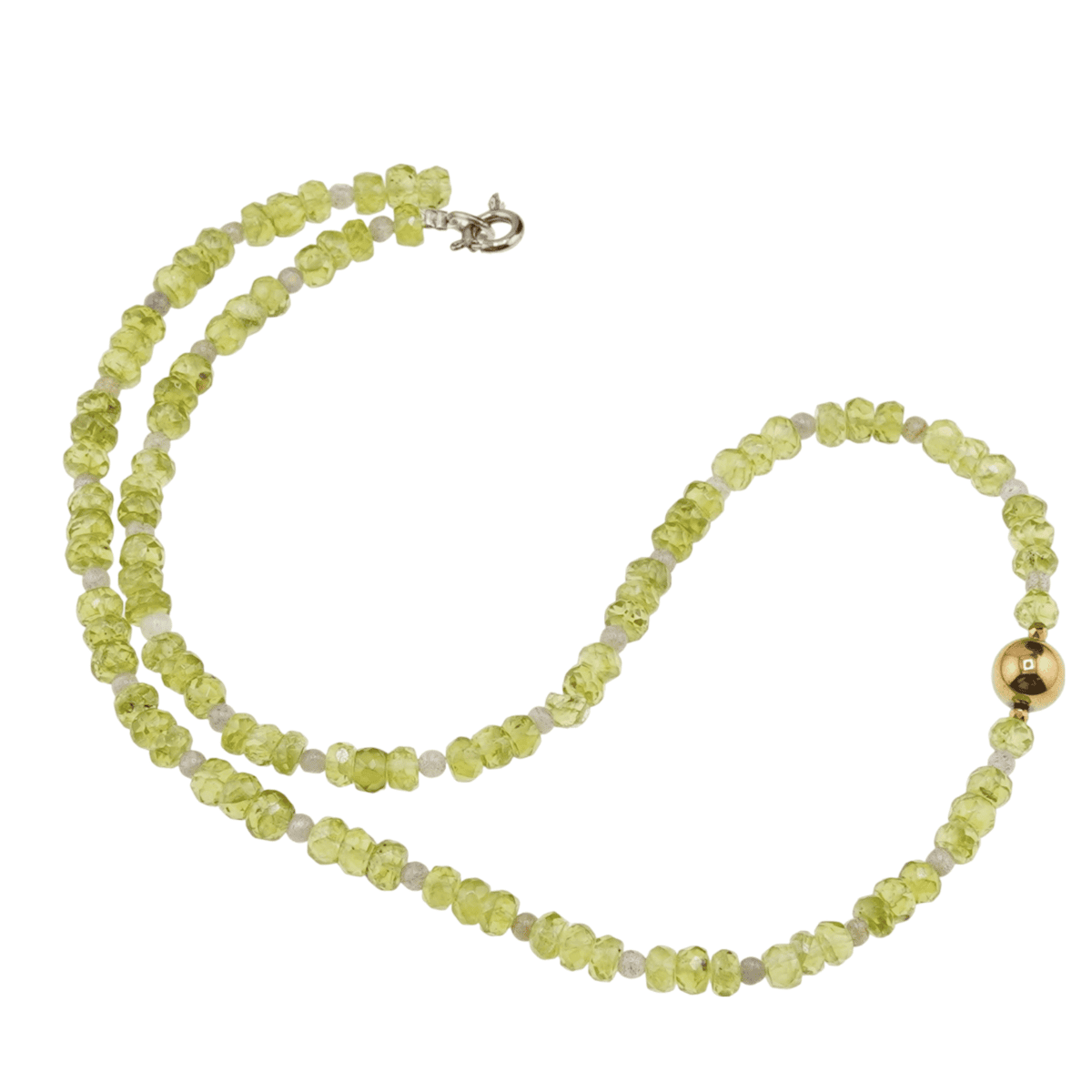 Colier peridot discuri fatetate 5mm si labradorit sfere 4mm cu element auriu