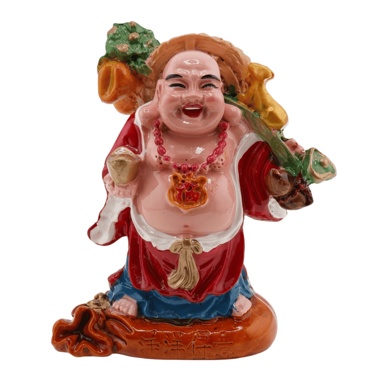 Statueta feng shui buddha vesel pe sacul prosperitatii cu pepita 9cm