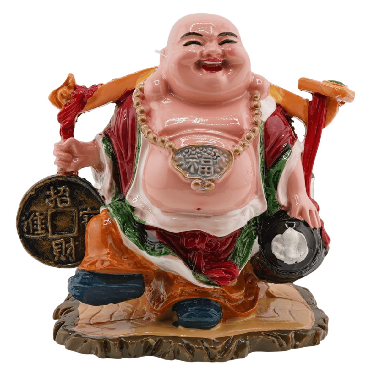 Statueta feng shui buddha vesel pentru prosperitate cu ru yi pe suport 9cm