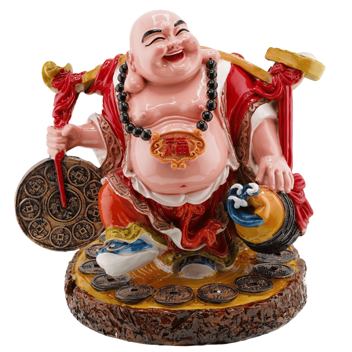 Statueta feng shui buddha vesel pentru prosperitate cu ru yi si monede chinezesti 24cm