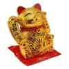 Pisica norocoasa Maneki Neko aurie cu pui si evantai pe perna - 16cm, imagine 4