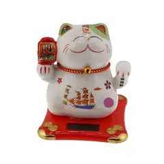 Pisica norocoasa Maneki Neko alba pe suport solar, 10cm