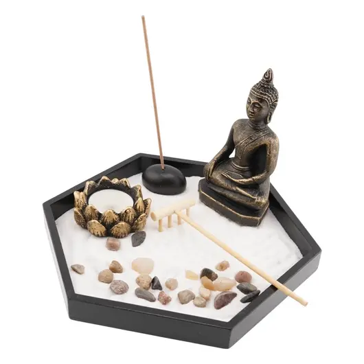 Decoratiune Gradina Zen in miniatura, Suport hexagonal cu Buddha, lumanare, betisoare parfumate si accesorii, imagine 2