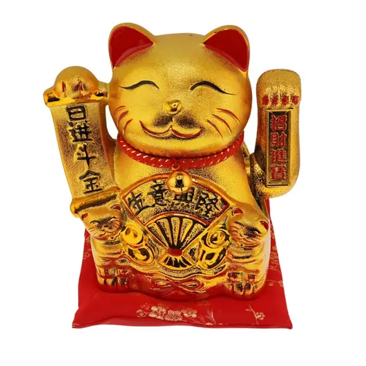 Pisica norocoasa Maneki Neko aurie cu pui si evantai pe perna - 16cm, imagine 3