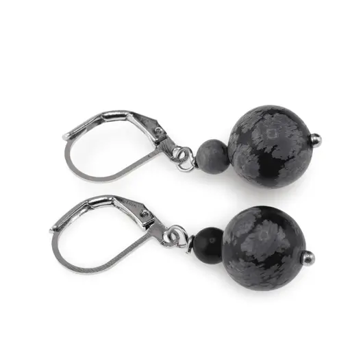 Cercei cu agatatoare Obsidian fulg de nea, sfere 10mm si 4mm