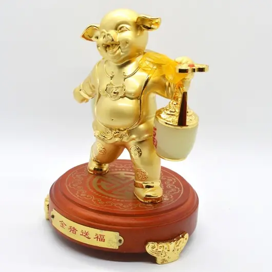 Statueta Feng Shui Porc auriu din metal cu Ru Yi 16cm