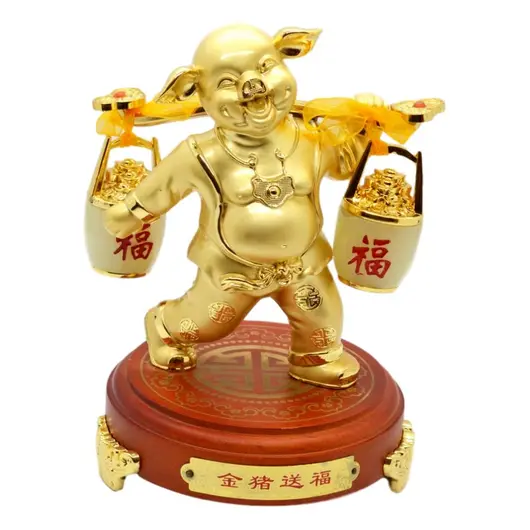 Statueta Feng Shui Porc auriu din metal cu Ru Yi 16cm