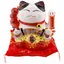 Pisica norocoasa Maneki Neko din ceramica pe perna cu doi pui si felinare chinezesti - 19cm